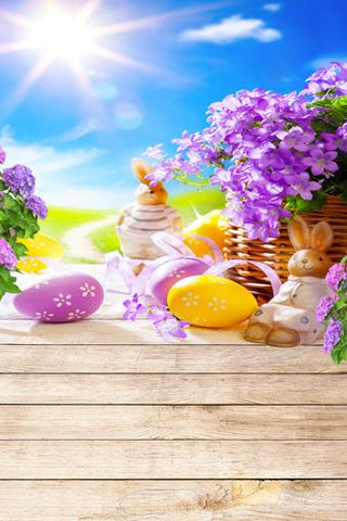 Easter Eggs Spring Purple Flowers Backdrop for Photos GE-051