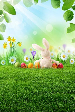 Easter Bunny Eggs Flowers Green Grass Backdrop for Photos GE-054