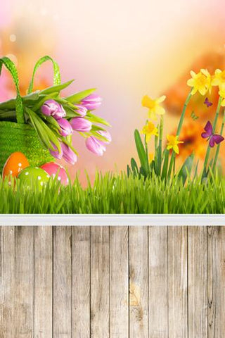 Spring Flowers Easter Eggs Wood Floor Photography Backdrop GE-060