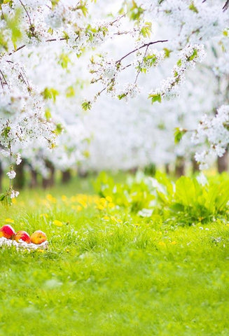 Spring White Flowers Green Grass Photo Booth Backdrop S-3101