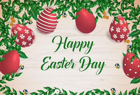 Happy Easter Day Green Leaves Red Easter Eggs  Photography Backdrop LV-1345
