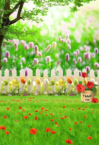 Beautiful Easter Backdrop Spring Flowers Easter Eggs Green Grass Photo Backdrop LV-1356
