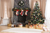 Xmas Stockings Fireplace Photography Backdrops for Xmas Decor DBD-19255