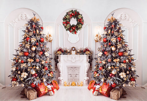 Cozy Fireplace Xmas Tree Gifts House Backdrop