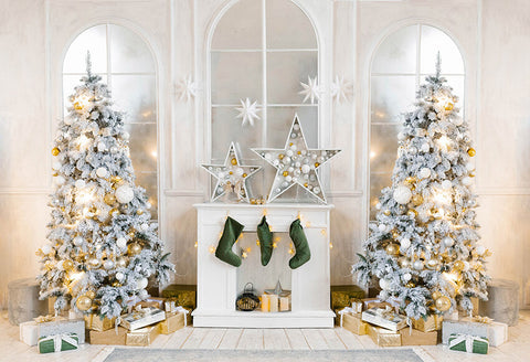 Xmas Tree Socks Fireplace Door Backdrop