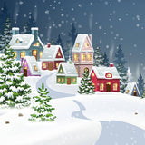 Fondo navideño de casitas de invierno cubierto de nieve D956