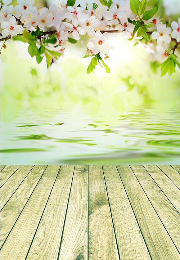 White Spring Flowers Water Wood Floor Backdrop for Photography F-2331