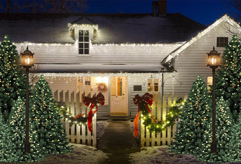 Telón de Fondo de Navidad Árbol Casa Blanca de Madera Decorada con Luces G-1438