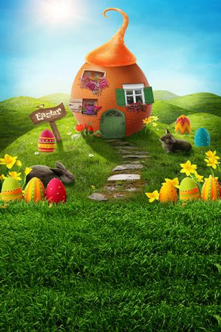 Happy Easter Colorful Eggs Rabbit Green Grass Photo Backdrop GE-025