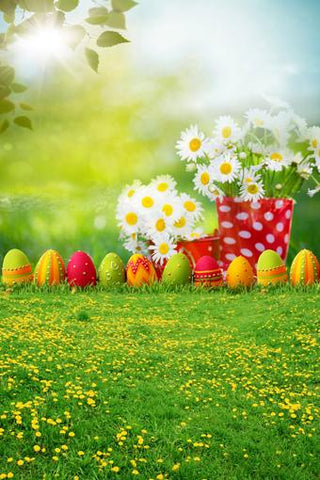 Beautiful Easter Eggs Spring Flowers Green Backdrop for Party GE-028