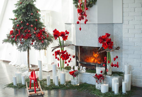 Árbol de Navidad Flores Rojas Decoración Interior Telón de Fondo para Fotografía GX-1084