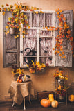 Festival Backdrops Halloween Backdrops Maple Leaves Window Pumpkin Backdrop