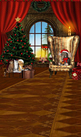 Telón de Fondo de Decoración de Navidad Fondo de Gato Árbol de Navidad Regalos Vela L-837