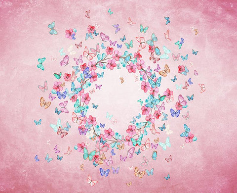 Pink Background Colorful Butterflies Flowers Wreath Photo Backdrop for Baby NB-060