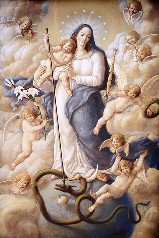 Virgin Mary with Baby Jesus and Angels Fresco Painting  Backdrop SH366