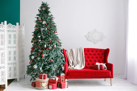 Red Sofa and Christmas Tree Photography Backdrops DBD-19419