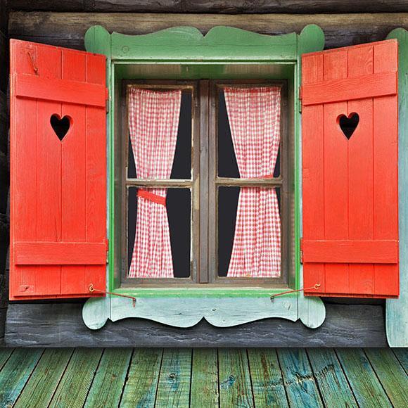 Red Window Green Wood Floor Backdrop for Photography S-2643