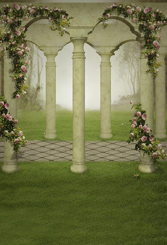 Fantasy Garden Pink Roses Green Grass Vintage Pillar Photo Backdrop S-3155
