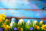Spring Flowers Easter Eggs Blue Wood Backdrop for Photography SH034