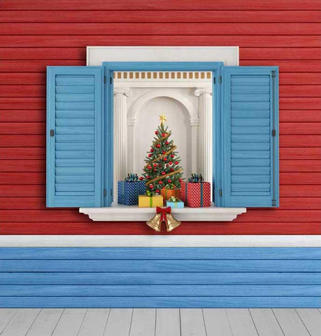 Pared Roja Azul Ventana Árbol de Navidad Regalo Telón de Fondo ST-470