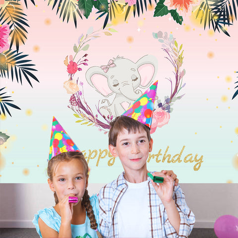 Elephant Garland Leaves Custom Birthday Backdrop