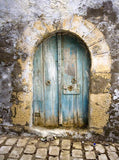 Fondo de Foto de Marco de Puerta Amarilla de Puerta de Madera Pequeña Redonda Azul Claro KAT-143
