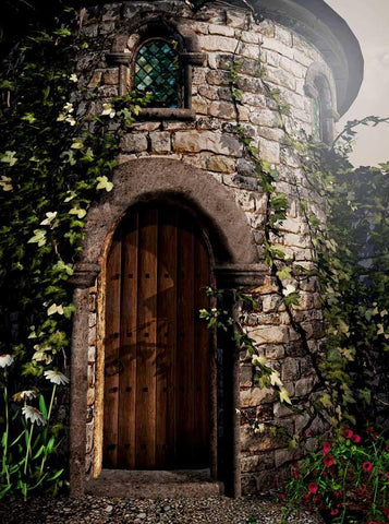 Old Stone Castle Surrounded By Greenery Small Wooden Door For Photo Backdrop KAT-155