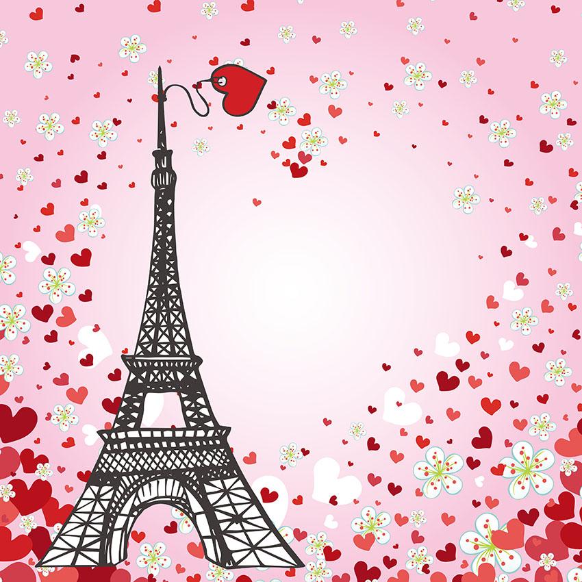 Valentine's Day Eiffel Tower Red Love Heart Pink Backdrop for Photos LV-1440