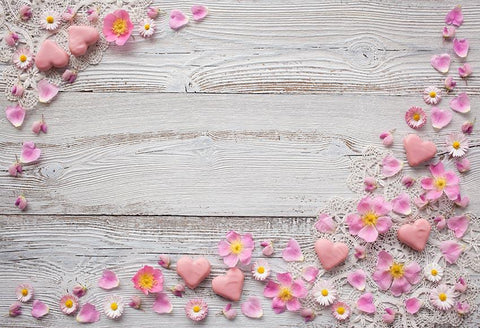 Pink Flower Petals Candy Heart Candy Lace Wood Backdrop