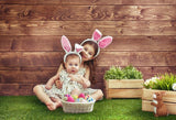 Easter Eggs Bunny Brown Wood Wal Green Grass Photo Backdrop LV-1685