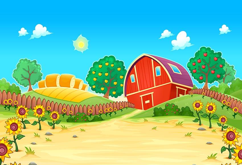 Cartoon Farm Red Barn Backdrop for Photography LV-492