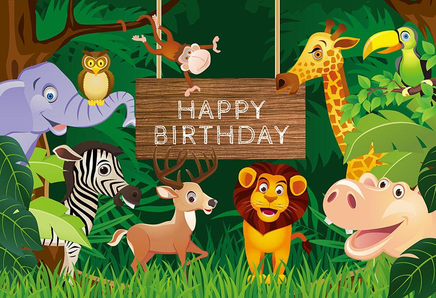 Safari Jungle Animal Theme Happy Birthday Backdrop for Photography  LV-503-A