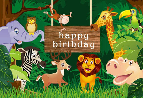 Safari Jungle Animal Theme Happy Birthday Backdrop  LV-503