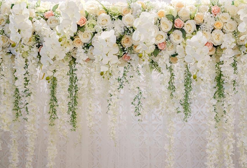 White Flowers Wall Photo Backdrops for Birthday Party LV-772