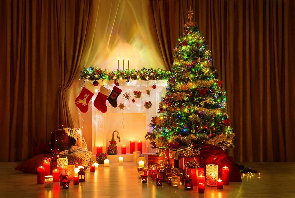 Warm Stove Christmas Tree Candles Socks  Photography Backdrop DBD-H19175